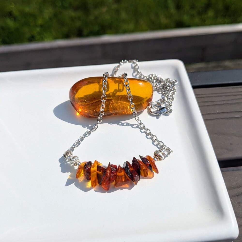 Natural Amber Silver Necklace
